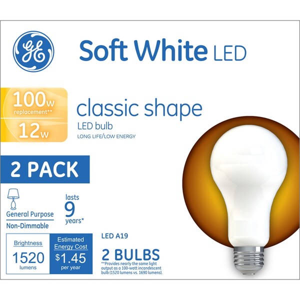 GE A19 E26 (Medium) LED Bulb Soft White 100 W , 2PK